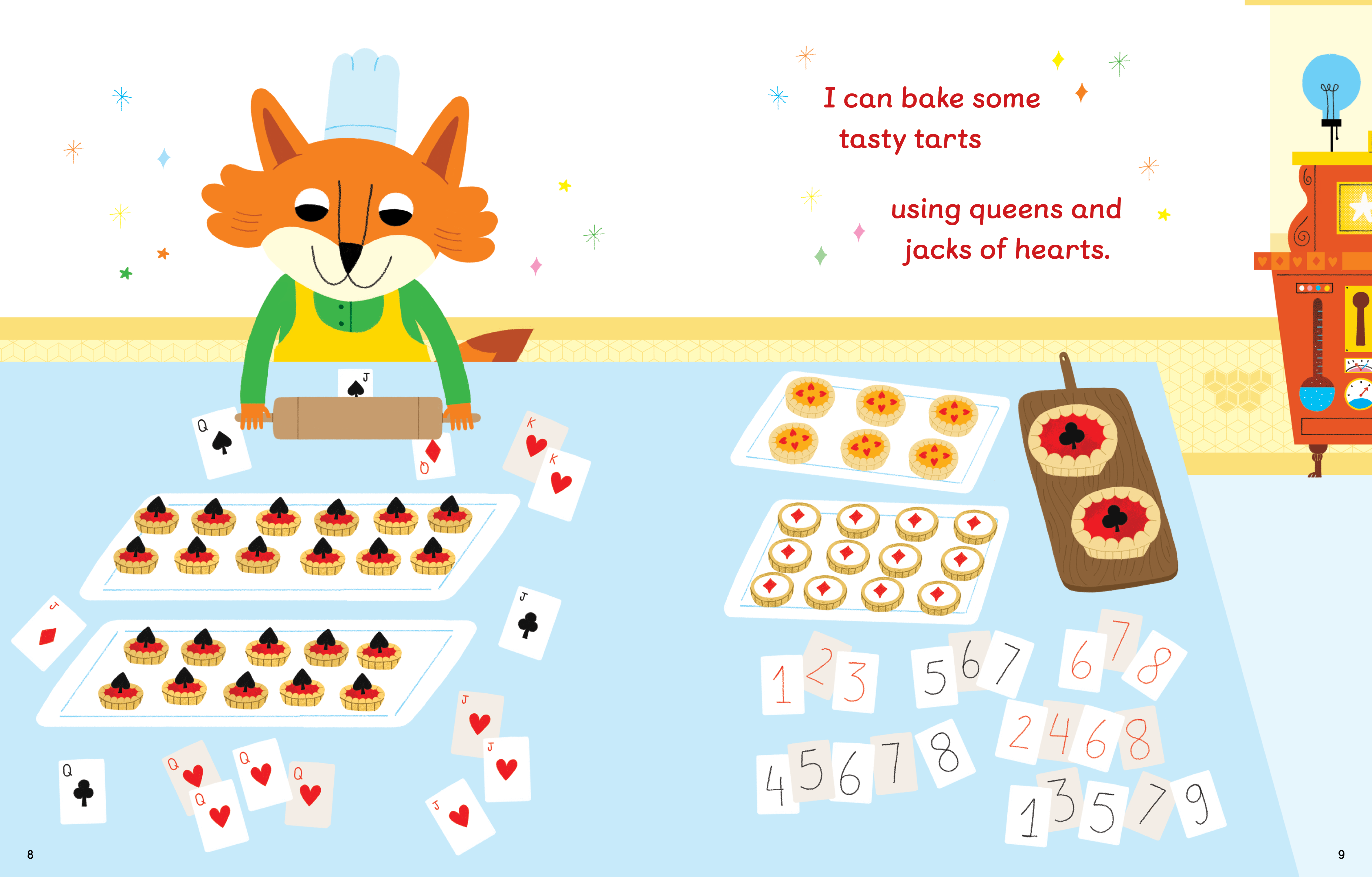 eyfs early year foundation stage picture book spread reads "l can bake some tasty tarts using queens and jacks of hearts" with lots of tarts, poker cards of queens of jack of hearts, number cards on the table, and a fox wearing an apron is rolling a roller pin on top of some poker cardscards