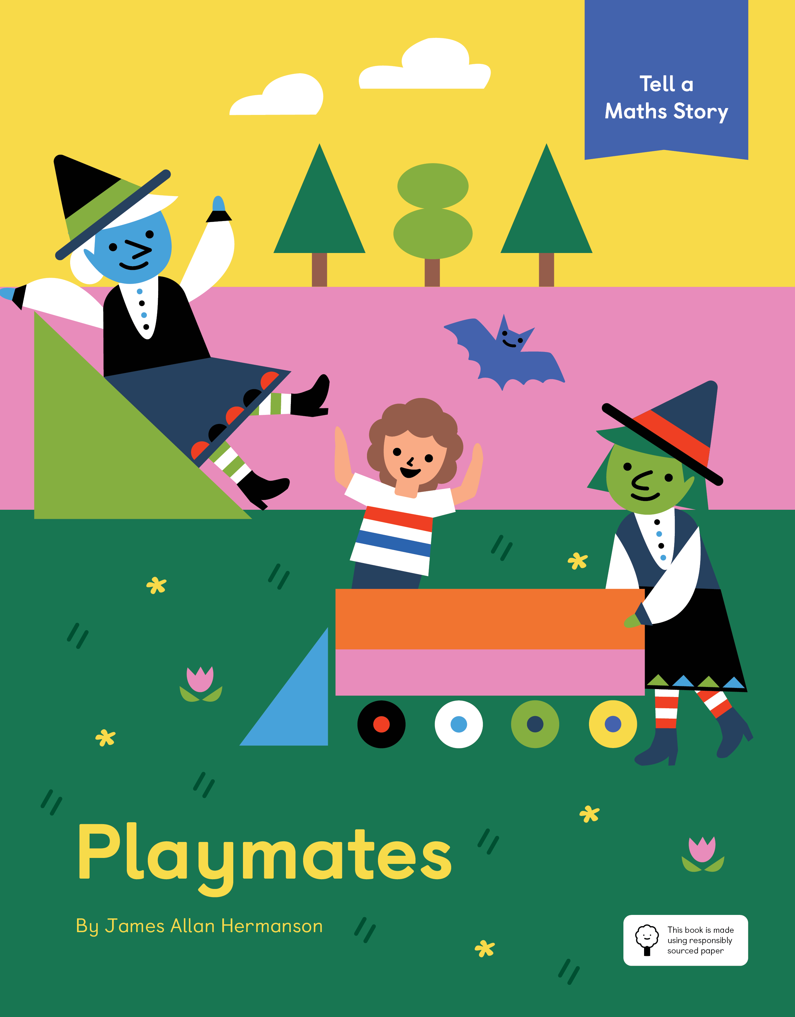 eyfs early year foundational stage picture book cover named playmates by James Allen Hermanson with two witches and one children playing together