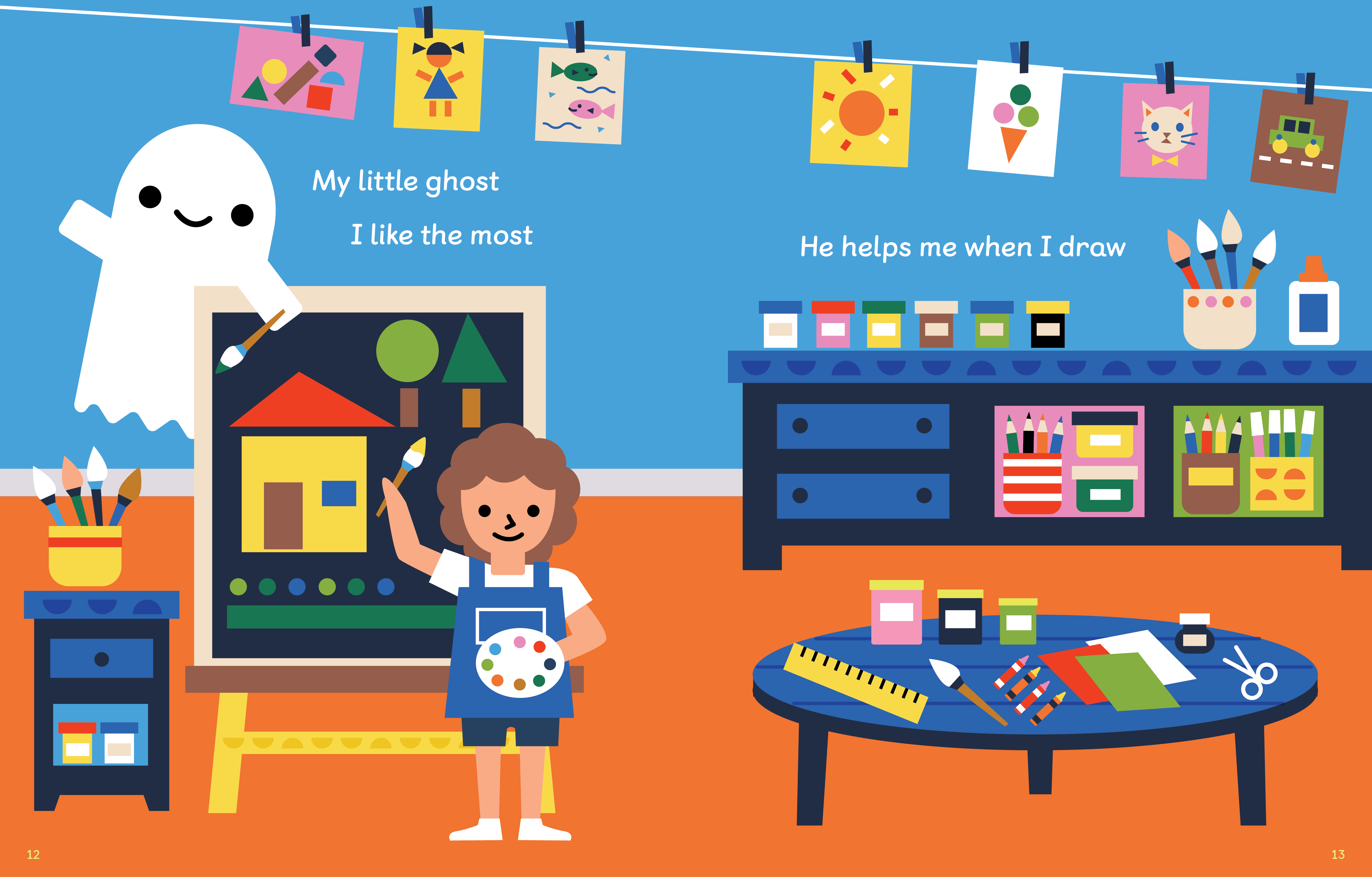 eyfs early year foundation stage picture book spread reads "my little ghost l like the most, he helps me when l draw" with a child and ghost painting on the background,