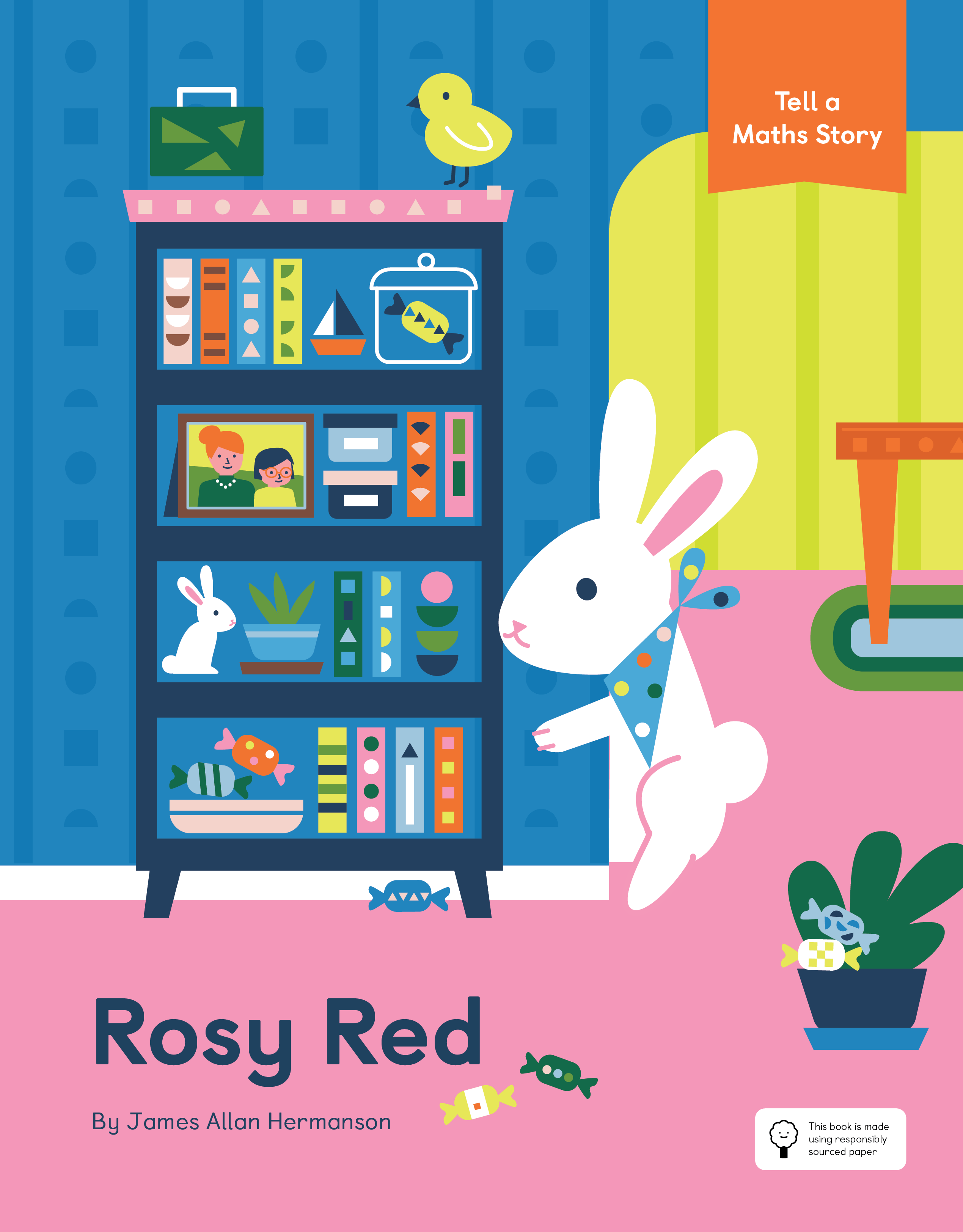 eyfs foundational stage picture book cover named Rosy Red with a rabbit near a shelf with books, candies, plants on it and a bird on top