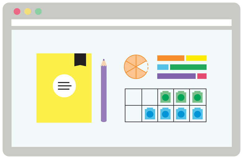 textbook implementation for KS1 maths mastery online course illustration of pencil, maths textbook, base ten block and geometric shapes